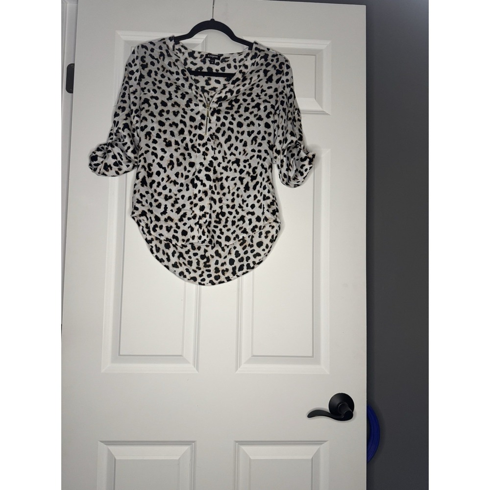Express Animal Print Roll Tab Sleeve Blouse XS White W Black Brown
